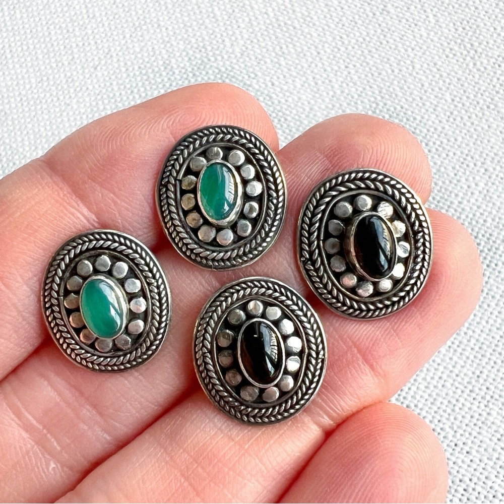 Oval Black Onyx and Sterling Silver Tribal Ornate Stud Post Earrings - Picture 2 of 4